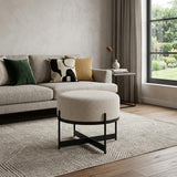 21" Cream and Black Boucle And Metal Round Pouf Ottoman