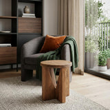 16" Brown Solid Wood Round Pouf Ottoman