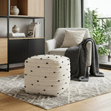 16" Black Cream and White Cotton and Wool Polka Dots Pouf Ottoman