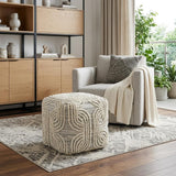 16" Beige Cream and Gray Cotton and Wool Geometric Cube Pouf Ottoman