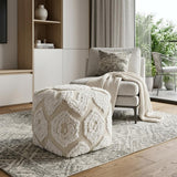 16" Beige and Cream Cotton Geometric Cube Pouf Ottoman