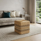 18" Brown and Gray Fabric Striped Round Pouf Ottoman