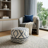 16" Cream and Gray Cotton Denim and Wool Geometric Round Pouf Ottoman