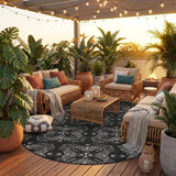 8' Black And Gray Round Geometric Washable Indoor Outdoor Area Rug