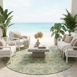 8' Green And Gold Round Geometric Washable Indoor Outdoor Area Rug
