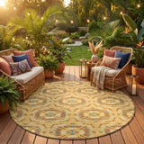 8' Gold And Wheat Round Geometric Washable Indoor Outdoor Area Rug