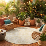 8' Ivory And Beige Round Geometric Washable Indoor Outdoor Area Rug