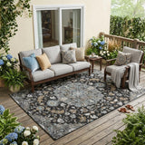 5' X 8' Black And Gray Floral Medallion Washable Indoor Outdoor Area Rug