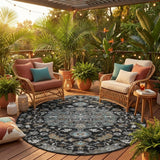 8' Black And Gray Round Floral Medallion Washable Indoor Outdoor Area Rug