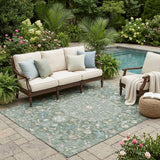 5' X 8' Green And Beige Floral Medallion Washable Indoor Outdoor Area Rug