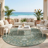 8' Green And Beige Round Floral Medallion Washable Indoor Outdoor Area Rug