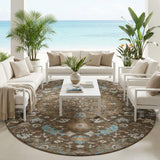 8' Chocolate And Brown Round Floral Medallion Washable Indoor Outdoor Area Rug