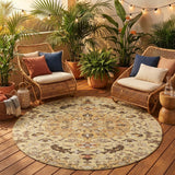 8' Gold And Copper Round Floral Medallion Washable Indoor Outdoor Area Rug