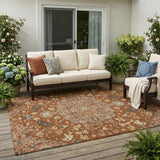 5' X 8' Orange And Copper Floral Medallion Washable Indoor Outdoor Area Rug