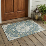 3' X 5' Teal Blue And Beige Floral Medallion Washable Indoor Outdoor Area Rug