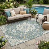 5' X 8' Teal Blue And Beige Floral Medallion Washable Indoor Outdoor Area Rug