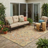 5' X 8' Wheat And Copper Floral Medallion Washable Indoor Outdoor Area Rug