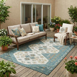 5' X 8' Teal Blue And Gold Geometric Washable Indoor Outdoor Area Rug