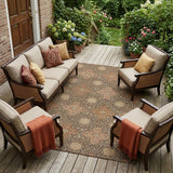 8' X 10' Chocolate And Orange Damask Washable Indoor Outdoor Area Rug