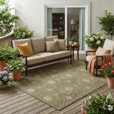 5' X 8' Olive Green And Chocolate Damask Washable Indoor Outdoor Area Rug