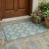 3' X 5' Teal Blue And Silver Damask Washable Indoor Outdoor Area Rug