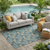 5' X 8' Teal Blue And Gold Geometric Washable Indoor Outdoor Area Rug