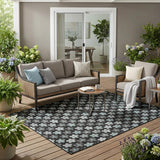 5' X 8' Black And Silver Floral Washable Indoor Outdoor Area Rug
