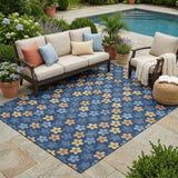 5' X 8' Navy Blue And Copper Floral Washable Indoor Outdoor Area Rug