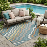5' X 8' Teal Blue And Taupe Abstract Washable Indoor Outdoor Area Rug