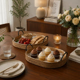 Set of Two Natural and Black Jute Metal And Solid Wood Oval Serving Trays With Handles