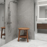 18" X 18" Brown Teak Circular Shower Bench With Shelf