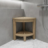 18" X 13" Brown Teak Corner Shower Bench With Shelf