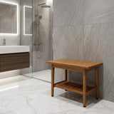 18" X 24" Brown Teak Rectangular Shower Bench With Shelf