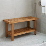 18" X 36" Brown Teak Rectangular Shower Bench With Shelf