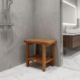 18" X 13" Brown Teak Rectangular Shower Bench With Shelf