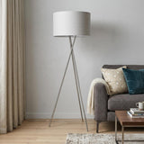 62" Beige Metal Tripod Floor Lamp With Beige Fabric Drum Shade