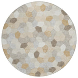 8' Ivory And Beige Round Geometric Washable Indoor Outdoor Area Rug