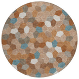 8' Orange And Ivory Round Geometric Washable Indoor Outdoor Area Rug