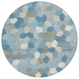8' Teal Blue And Ivory Round Geometric Washable Indoor Outdoor Area Rug
