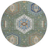 8' Green And Brown Round Tribal Washable Indoor Outdoor Area Rug