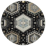8' Black And Ivory Round Tribal Washable Indoor Outdoor Area Rug