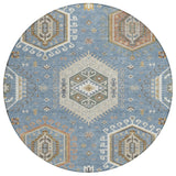 8' Denim Blue And Beige Round Tribal Washable Indoor Outdoor Area Rug