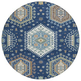 8' Navy Blue And Ivory Round Tribal Washable Indoor Outdoor Area Rug