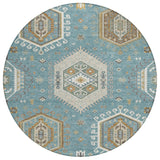8' Teal Blue And Ivory Round Tribal Washable Indoor Outdoor Area Rug