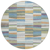 8' Blue And Ivory Round Striped Washable Indoor Outdoor Area Rug