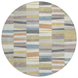 8' Ivory And Teal Blue Round Striped Washable Indoor Outdoor Area Rug