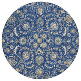 8' Navy Blue And Ivory Round Botanical Leaves Washable Indoor Outdoor Area Rug