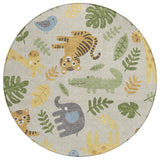 8' Beige And Green Round Abstract Washable Indoor Outdoor Area Rug
