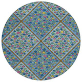 8' Blue And Yellow Round Abstract Washable Indoor Outdoor Area Rug