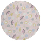 8' Pink And Ivory Round Geometric Washable Indoor Outdoor Area Rug